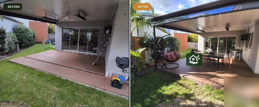 Before and after — louvred pergola and composite deck outdoor living room