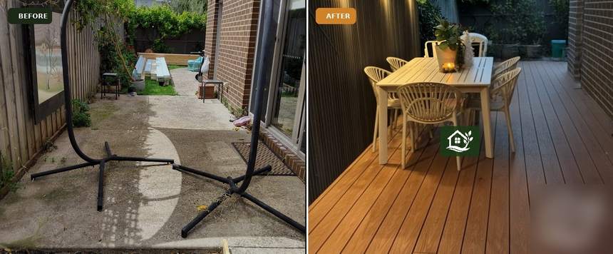 Before and after — composite deck and feature cladding with warm lighting