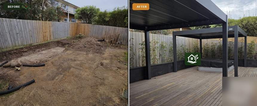 Before and after — bare site transformed to louvred pergola, composite deck and integrated spa