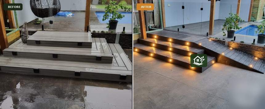 Before and after — multi-level composite pool deck with illuminated steps
