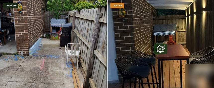 Before and after — rotted pergola replaced with outdoor bar and composite deck
