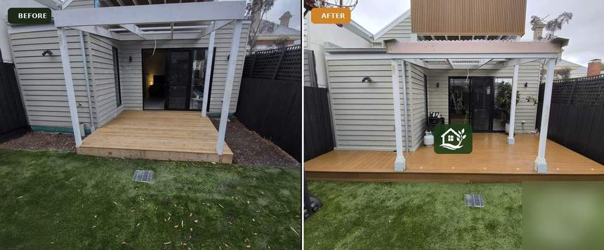 Before and after — small timber deck expanded into full composite entertaining platform
