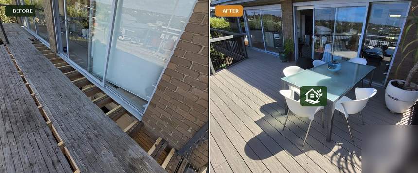 Before and after — weathered old timber deck replaced with composite