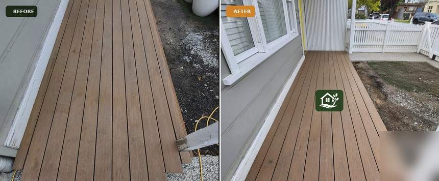 Before and after — old timber front verandah replaced with composite decking