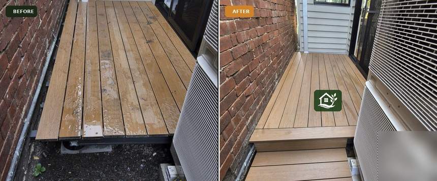 Before and after — weathered cladding replaced with fresh composite panels