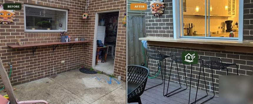 Before and after — unused brick courtyard transformed into outdoor kitchen bar