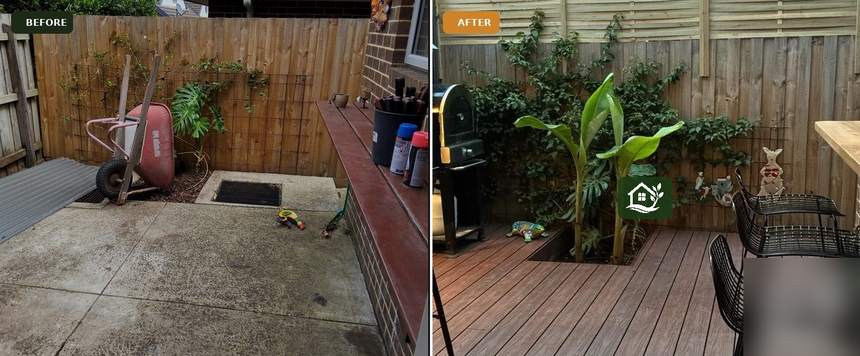 Before and after — old timber deck replaced with composite deck under pergola with tropical planting