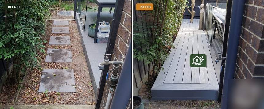 Before and after — old rotted wall cladding replaced with modern composite cladding panel