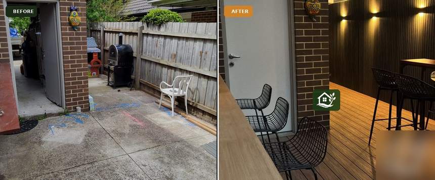 Before and after — old outdoor area fitted with dark feature cladding wall and bar