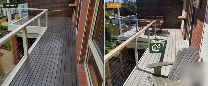 Before and after — dark weathered timber deck replaced with light grey composite with balustrade