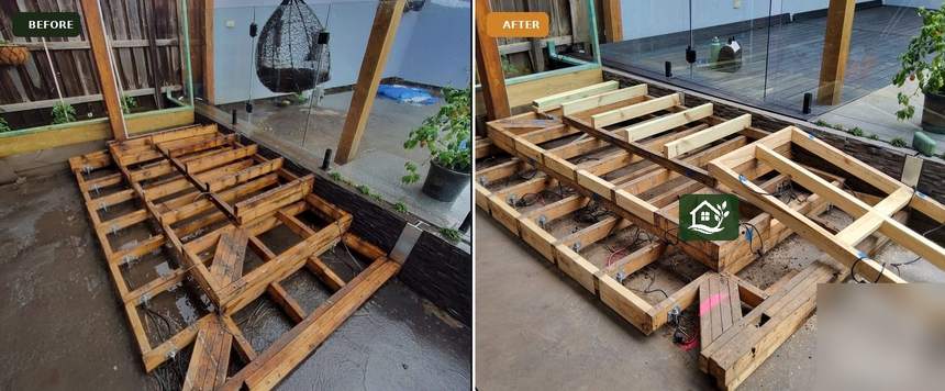 Before and after — old rotted deck frame removed and replaced with new laminated structural framing
