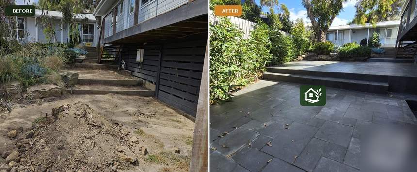 Before and after — bare excavated ground laid with dark slate paving