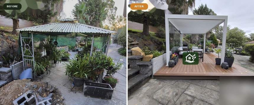 Before and after — demolished old pergola transformed into louvred pergola with composite deck — Templestowe