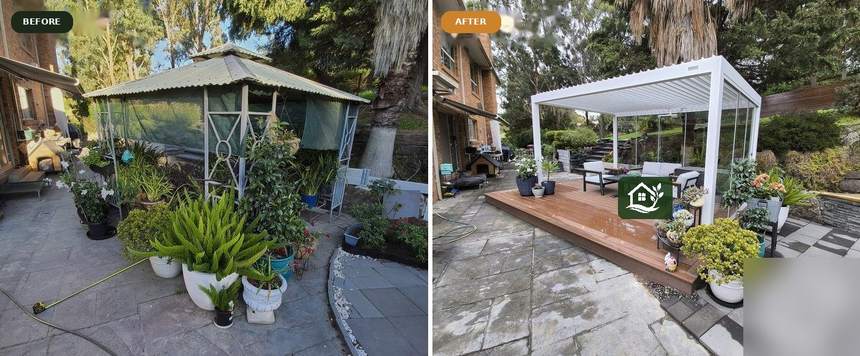 Before and after — full backyard transformation with louvred pergola and deck — Templestowe