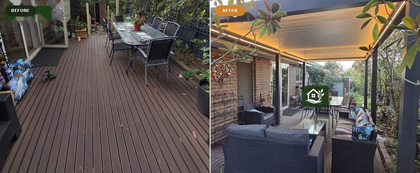Before and after — uncovered composite deck transformed into louvred pergola with LED ceiling lighting — Surrey Hills