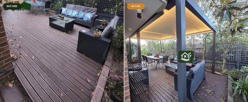 Before and after — uncovered deck lounge area transformed into sheltered outdoor living room under louvred pergola — Surrey Hills