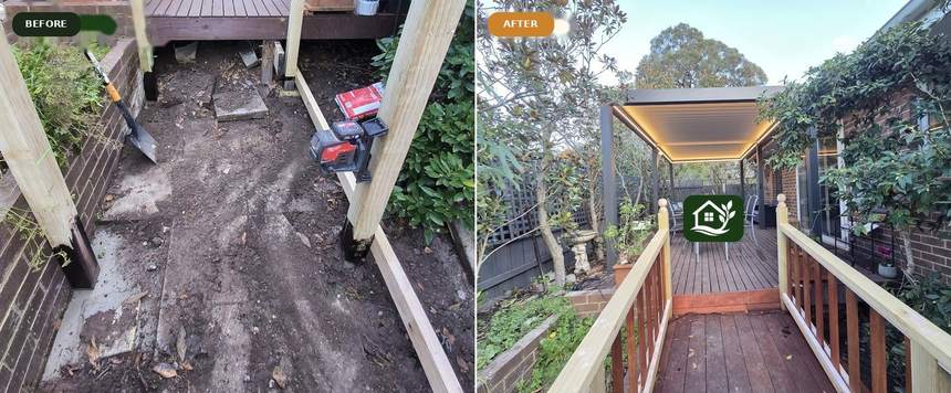 Before and after — bare construction site transformed into completed louvred pergola and composite deck — Surrey Hills