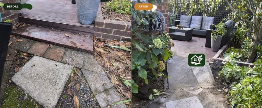 Before and after — raised step hazard at deck edge replaced with flush concrete ramp and level path — Surrey Hills