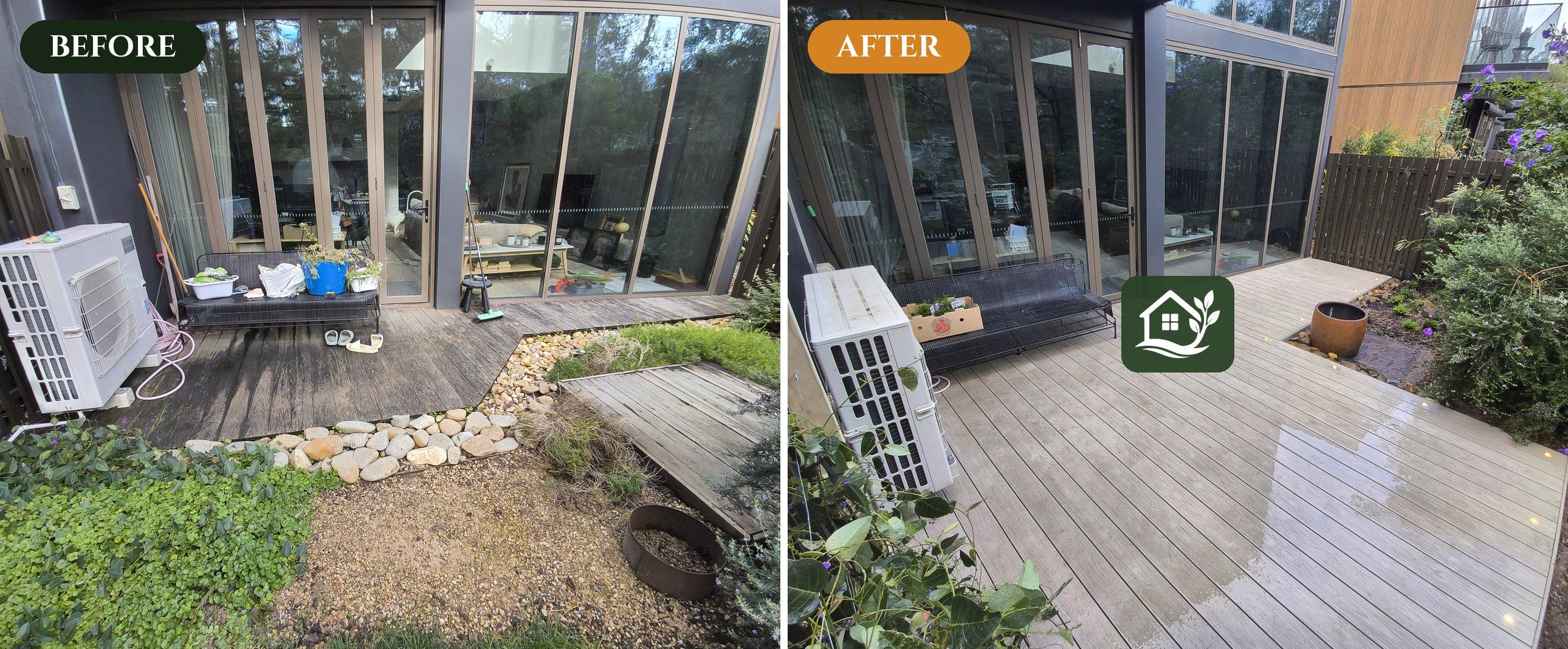 Before and after — tired timber deck replaced with one continuous composite deck — Ringwood