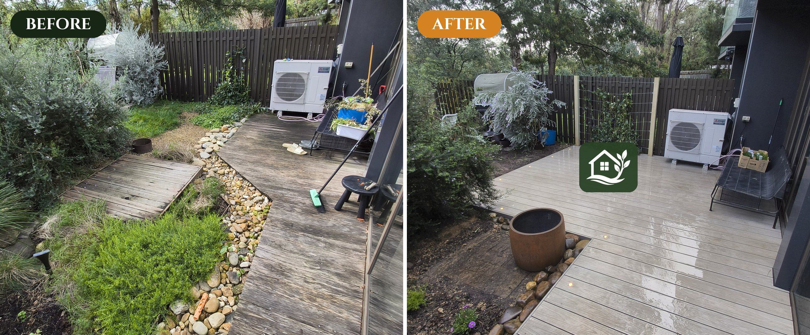 Before and after — old deck extended into the garden with a cypress-post trellis — Ringwood