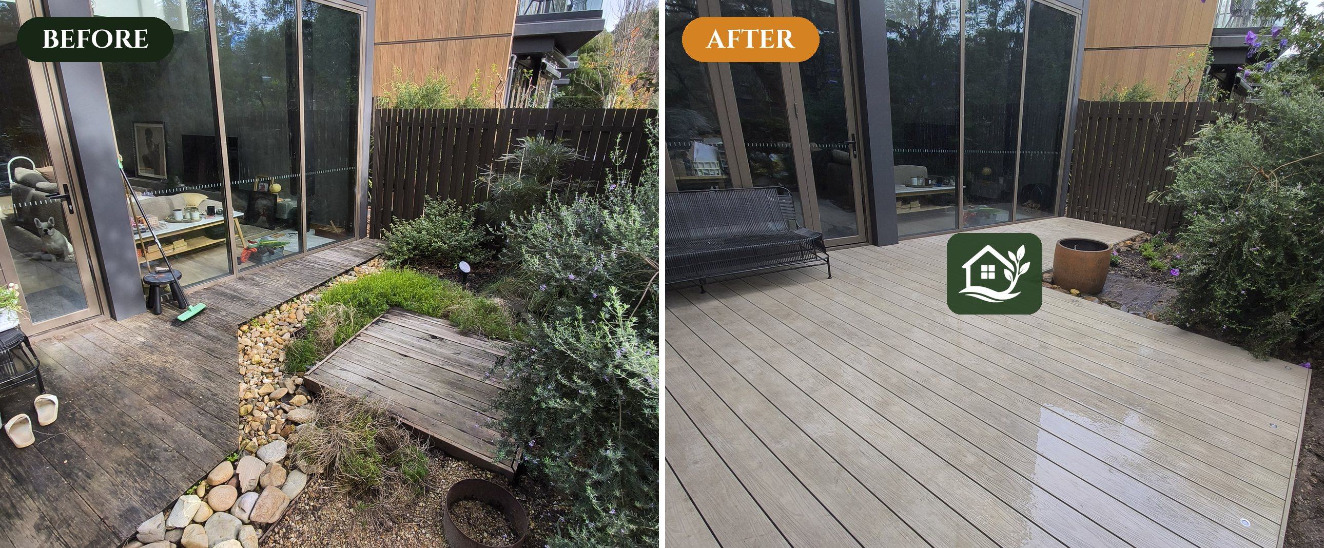 Before and after — raised garden boardwalk replaced by a composite deck extension — Ringwood