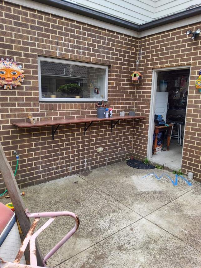 Kitchen zone before — timber bench below window, Heidelberg