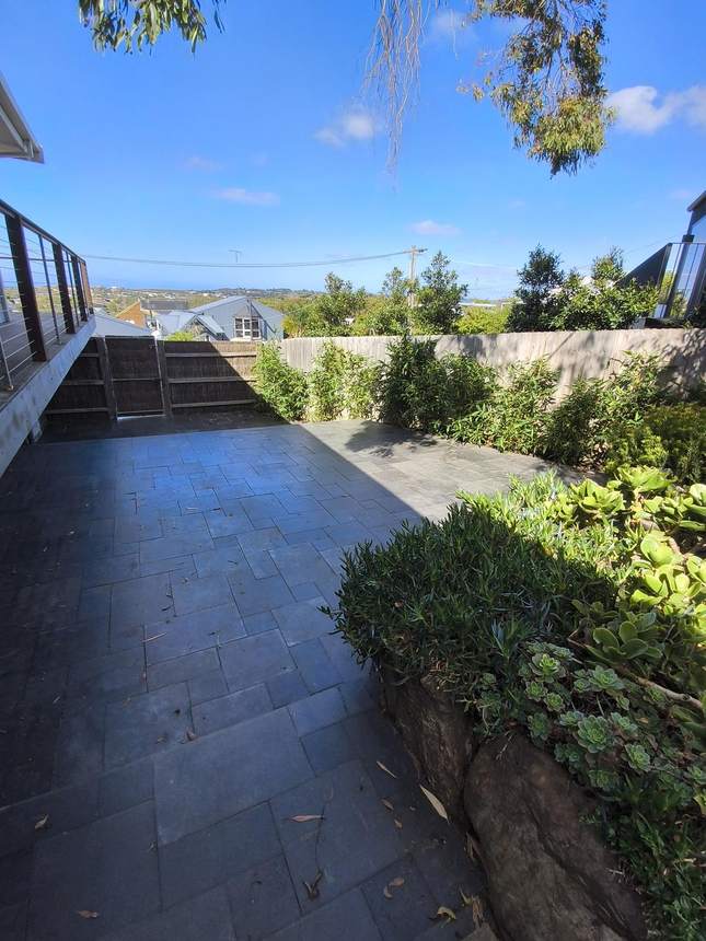 Completed bluestone paving approach with glass balustrade above and native planting