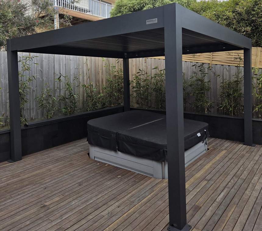 Spa under Pergolux louvred pergola — Jan Juc full outdoor transformation