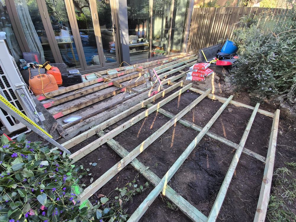 Completed extension frame joined to the relevelled existing frame