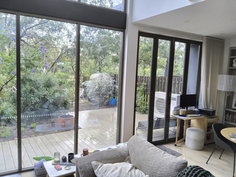 View from the living room onto the new deck, level with the door step