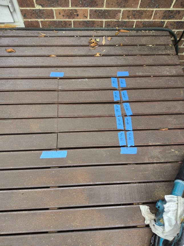 Footing positions taped out at 450x450mm and deck boards labelled to return to position — Surrey Hills