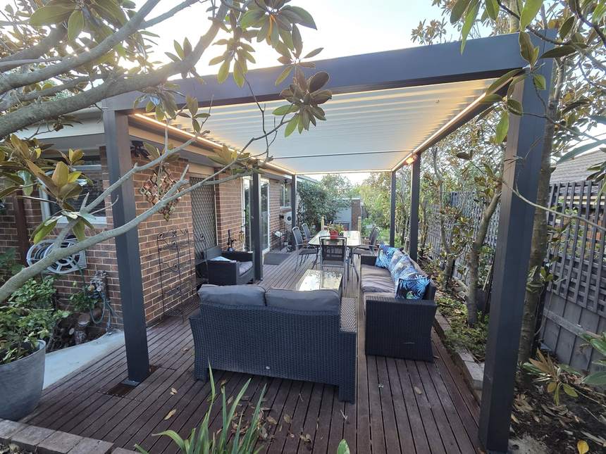 Under the Pergolux pergola louvred roof over the composite deck — Surrey Hills