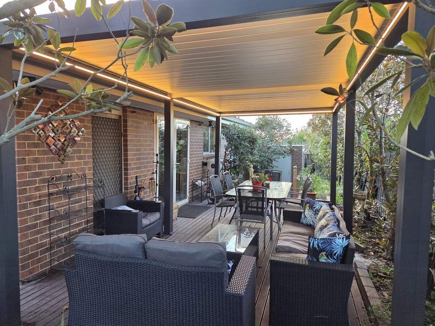 Completed Pergolux louvred pergola over the split-level composite deck — Surrey Hills