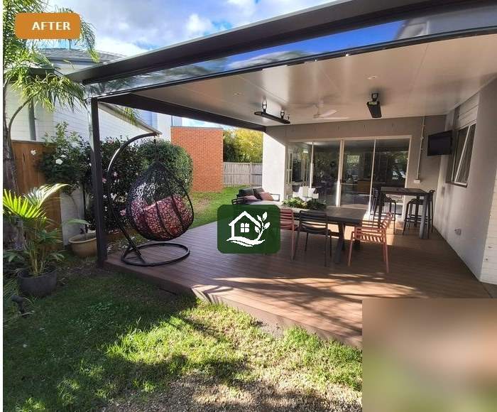 After — louvred pergola and composite deck outdoor living room