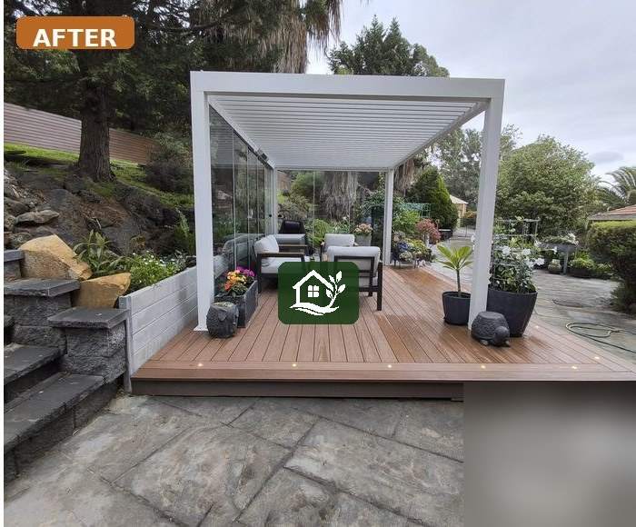 After — composite deck and timber pergola with polycarbonate roof