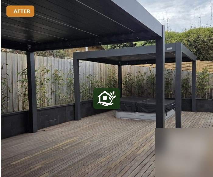 After — Merbau deck, twin louvred pergolas and spa