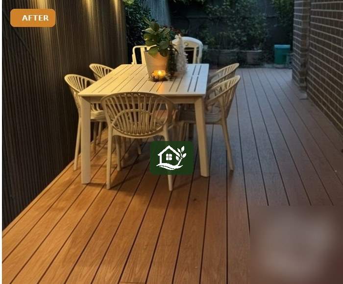 After — composite deck and feature cladding with warm lighting
